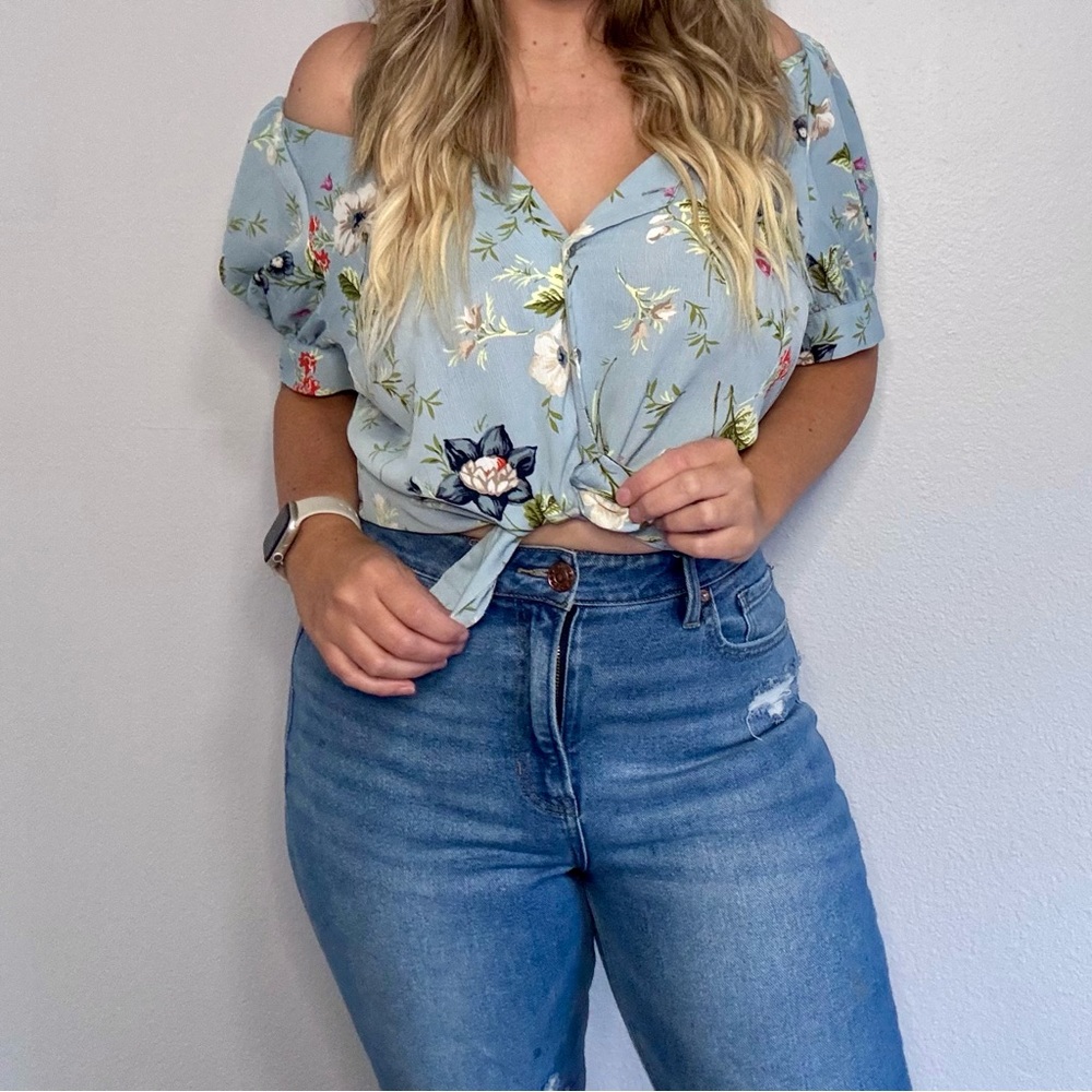 Ann Taylor Factory Blue Puff Sleeve Button Down Shirt